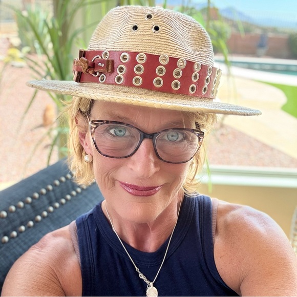 Vintage Woven Straw Hat with Red Leather Band - Picture 3 of 6